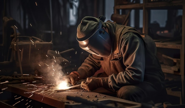 Ein Mann mit Schweißmaske arbeitet an einem Stück Holz. Generatives KI-Bild