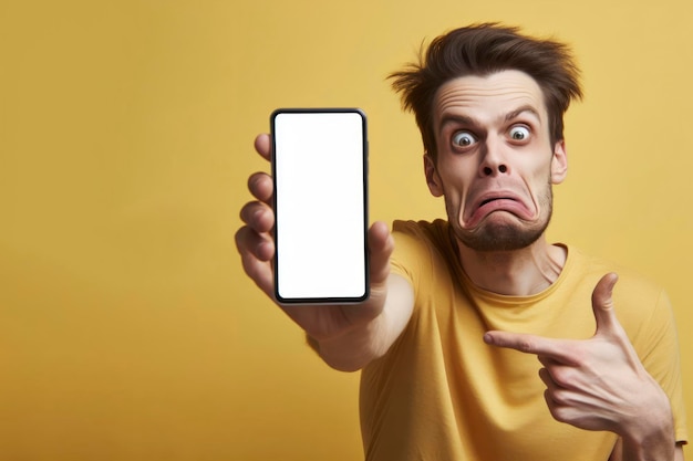 Ein Mann mit seltsamen Gesichtsausdrücken zeigt ein Telefon, um sich über einen weißen Bildschirm zu lustig zu machen.