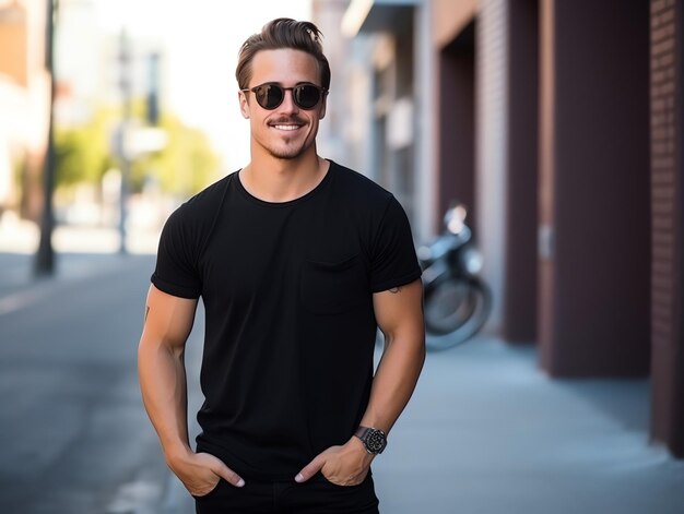 Ein Mann mit Sonnenbrille, der ein leeres schwarzes T-Shirt-Modell als Designvorlage trägt