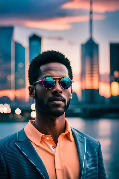 Ein Mann mit Sonnenbrille steht vor der Skyline einer Stadt.