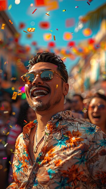 ein Mann mit Sonnenbrille und einem Hemd mit dem Wort Konfetti, das im Hintergrund fliegt