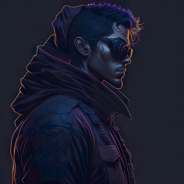 Ein Mann mit Sonnenbrille und einer Jacke, auf der „Cyberpunk“ steht