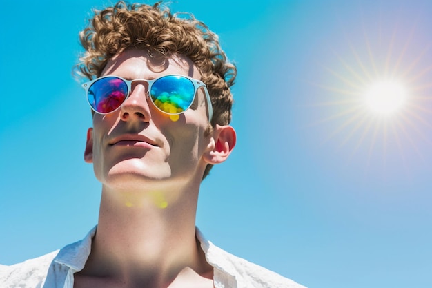 Ein Mann mit Sonnenbrille vor blauem Himmel Das Konzept der Sommerferien und Ferien auf See AI-Generation