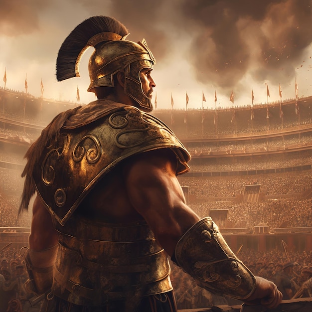 Ein Mann mit spartanischem Helm und Rüstung steht vor einer großen Menschenmenge