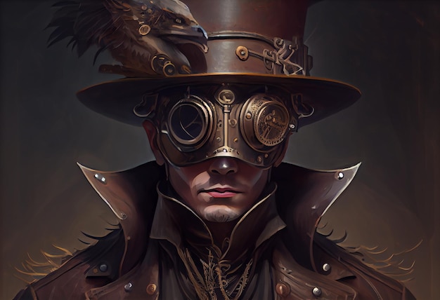 Ein Mann mit Steampunk-Hut und Steampunk-Maske, Fantasy-Kunst, Steampunk, generiert KI