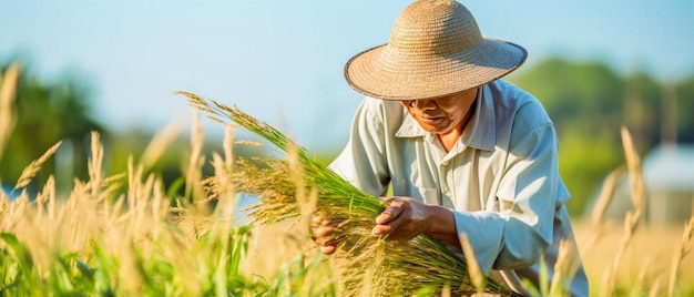 ein Mann mit Strohhut, der ein Bündel Gras hält