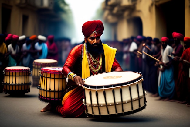 Ein Mann mit Turban spielt auf einer Straße eine Trommel.