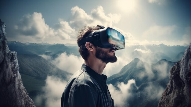 Ein Mann mit Virtual-Reality-Brille in einer atemberaubenden futuristischen Welt mit generativer KI