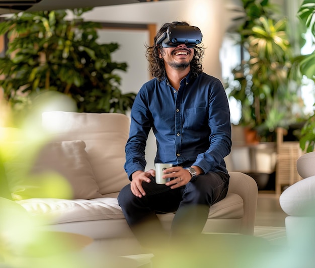 Ein Mann mit VR-Brille genießt ein gemütliches Zuhause