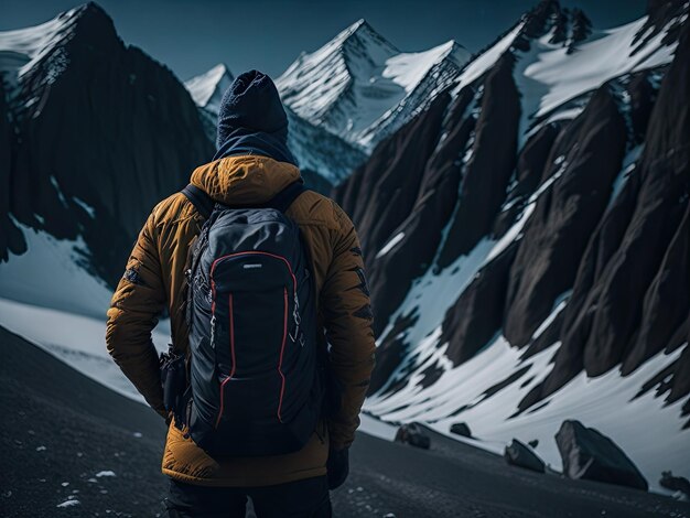 Ein Mann mit Wanderrucksack steht inmitten der schneebedeckten Berge