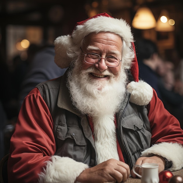 Ein Mann mit Weihnachtsmütze sitzt mit einer Tasse Kaffee an einem Tisch.