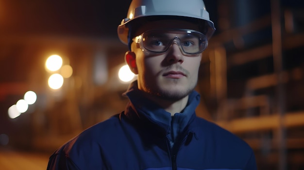 Ein Mann mit weißem Schutzhelm und Brille steht vor dunklem Hintergrund.