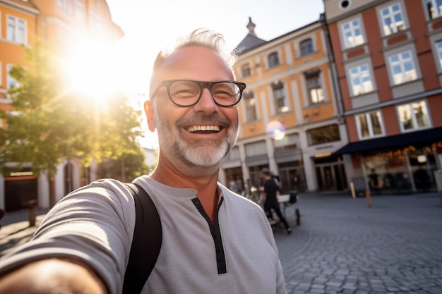 Ein Mann mittleren Alters macht mitten in der Stadt ein Selfie