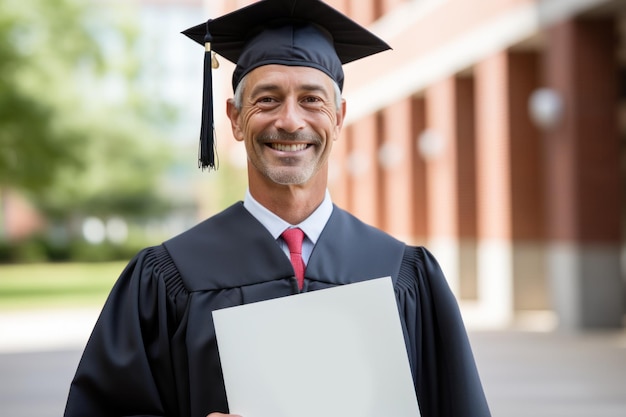 Ein Mann mittleren Alters mit Abschlussmütze lächelt mit einem Diplom