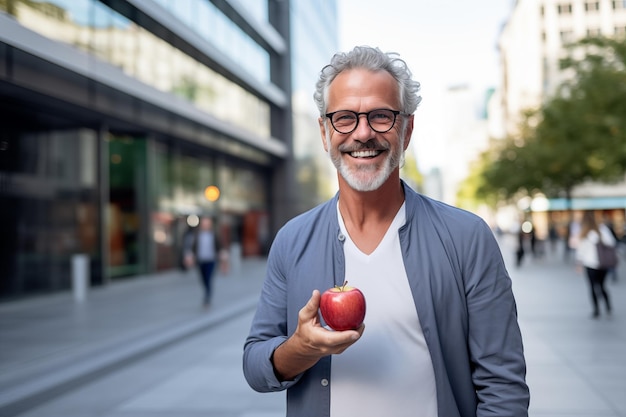 Ein Mann mittleren Alters mit einem Apfel mitten in der Stadt