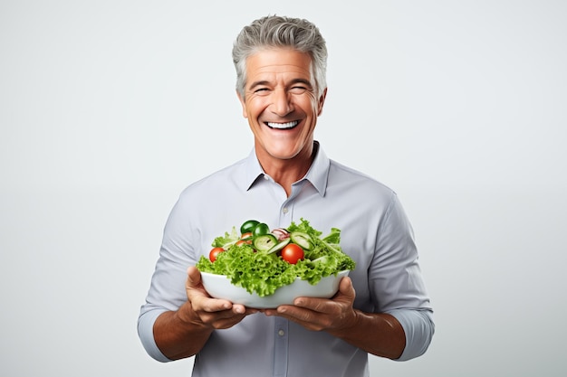 Ein Mann mittleren Alters über einem isolierten weißen Hintergrund mit Salat