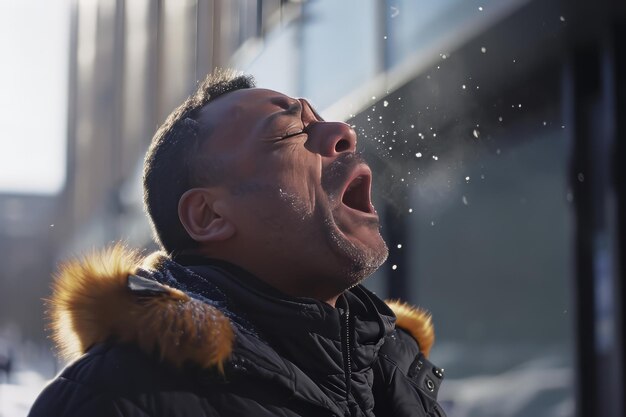 Foto ein mann niest auf einer frühlingsstraße allergien