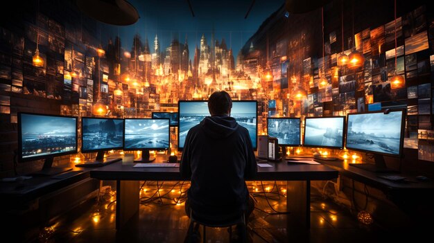 Ein Mann nutzt Computer, um KI-generierte Netzwerkdaten auf Bildschirmen anzuzeigen