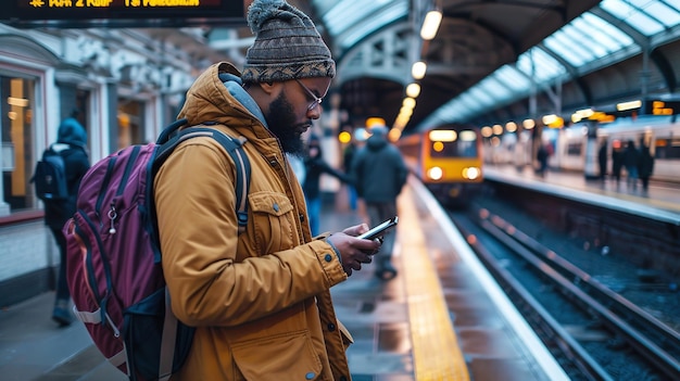 Ein Mann nutzt eine Smartphone-App am Bahnhof, während er zur Arbeit unterwegs ist Generative Ai