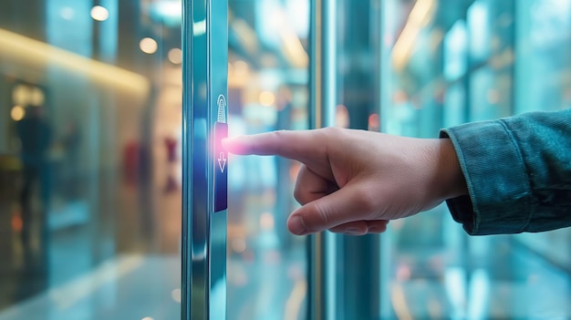 Ein Mann nutzt einen Finger-Scanner, um eine Glastür aus der Nähe zu öffnen