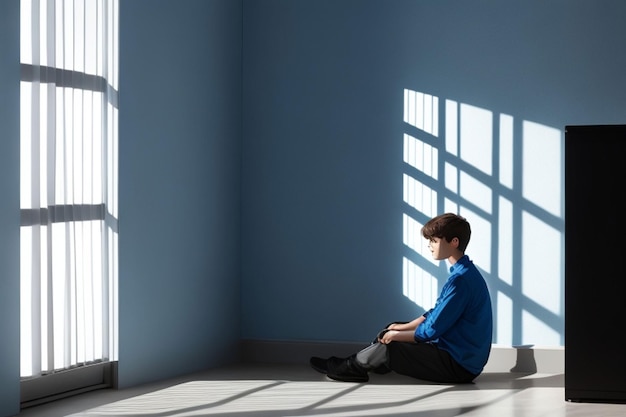 Ein Mann oder ein Junge sitzt allein in einem Raum mit blauem Licht und Schatten