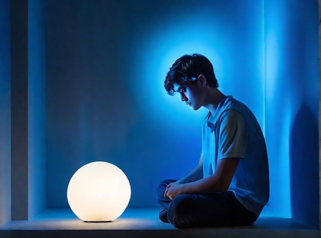 Ein Mann oder ein Junge sitzt allein in einem Raum mit blauem Licht und Schatten