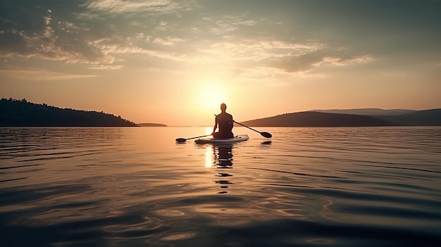 Ein Mann paddelt auf einem See, während die Sonne hinter ihm untergehtGenerative KI