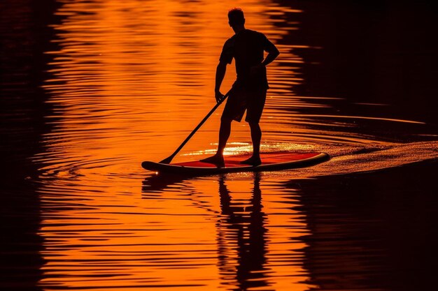 Foto ein mann paddelt ein paddelbrett mit der sonne hinter sich