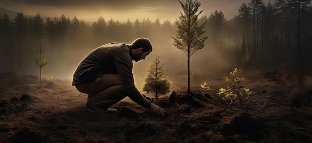 Ein Mann pflanzt einen Baum im Wald