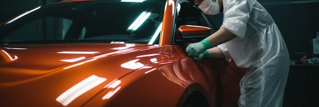 Ein Mann poliert ein Auto. Konzept der manuellen Handwerkskunst oder der generativen KI der Industrie