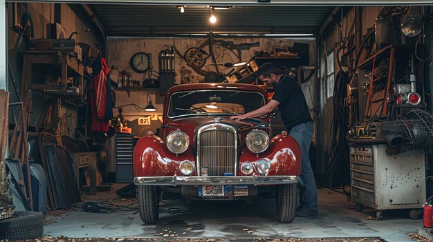 Ein Mann polirt liebevoll seinen Oldtimer in seiner Garage