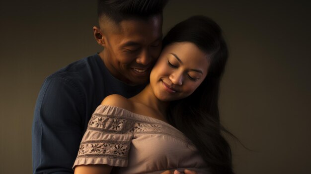 Ein Mann posiert und umarmt seine schwangere Frau