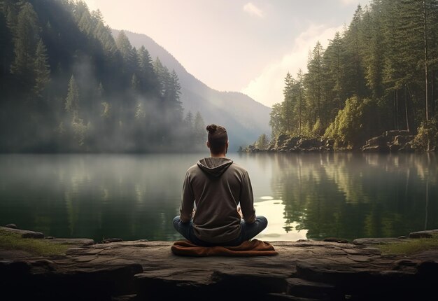 Ein Mann praktiziert Achtsamkeit und Meditation in einer friedlichen natürlichen Umgebung