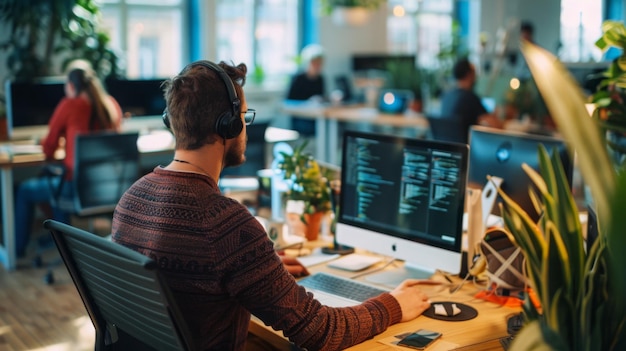 Foto ein mann programmiert auf mehreren bildschirmen in einem geschäftigen büro mit kollegen im hintergrund