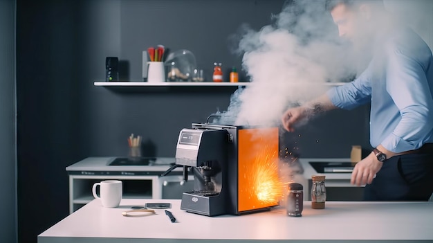 Ein Mann raucht in einer Kaffeemaschine