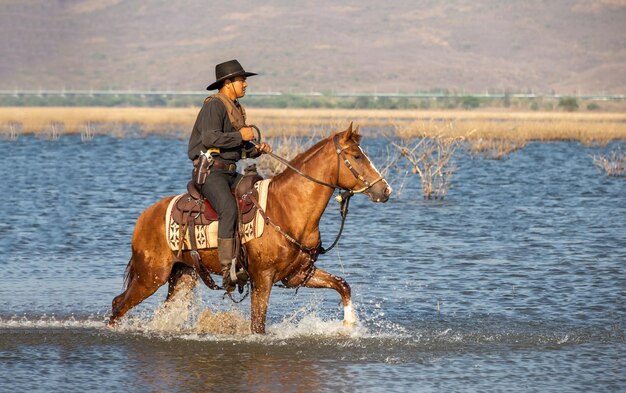 Foto ein mann reitet auf einem pferd im meer