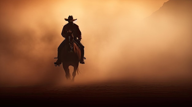 Ein Mann reitet auf einem Pferd und trägt einen Cowboyhut im Staub der Prärie