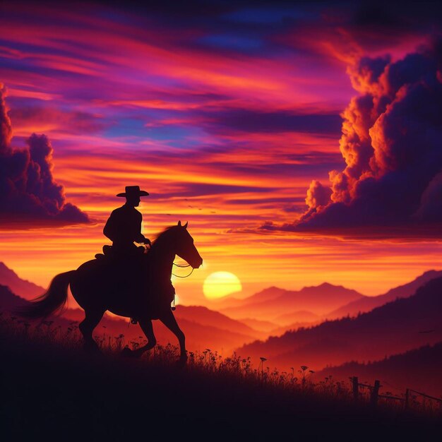 ein Mann reitet auf einem Pferd vor einem Sonnenuntergang