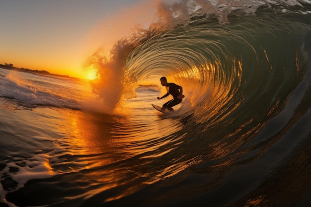 Ein Mann reitet auf einer Welle auf einem Surfbrett