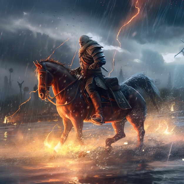 Ein Mann reitet im Regen auf einem Pferd mit Blitzen im Hintergrund.