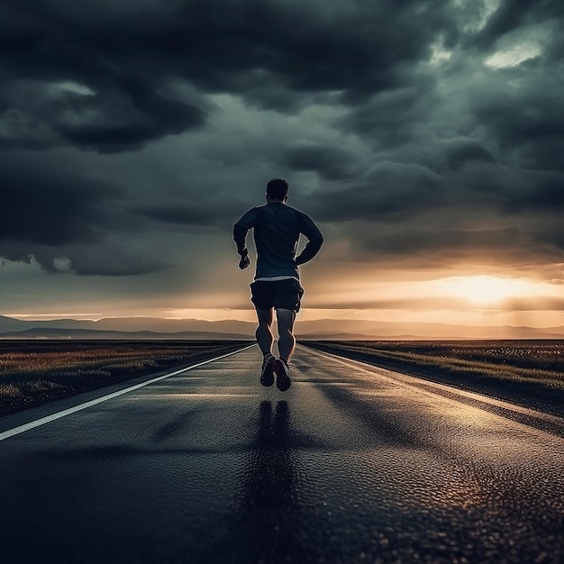 Ein Mann rennt auf einer Straße, während ein Sturm aufzieht.