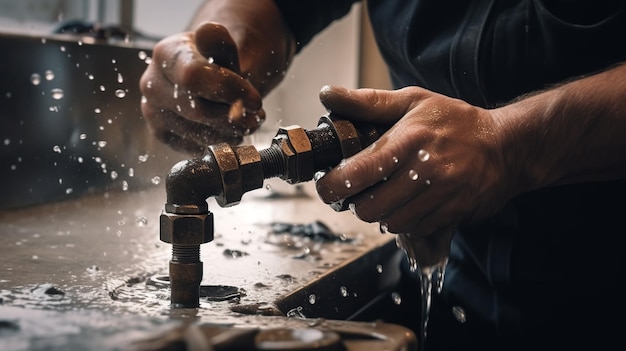 Ein Mann repariert einen undichten Wasserhahn in einer Küche