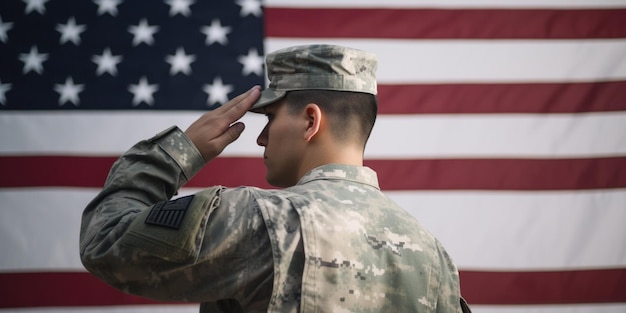Ein Mann salutiert vor einer Fahne