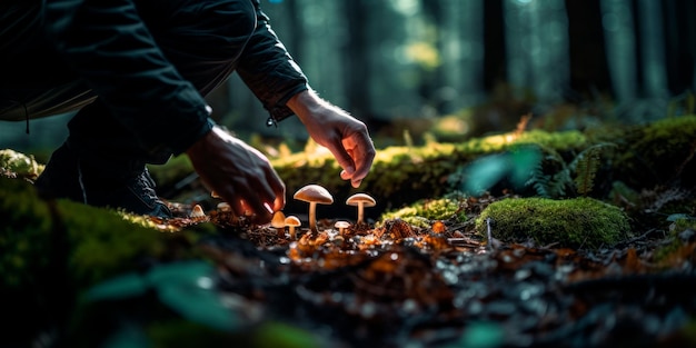 Ein Mann sammelt Pilze in ihrem natürlichen Lebensraum. Erstellt mit generativer KI-Technologie