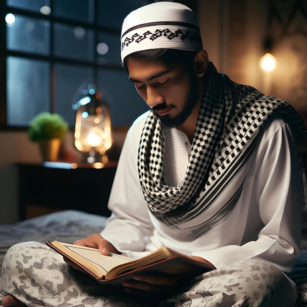 ein Mann saß in seinem Zimmer und las den Koran oder Al Quran