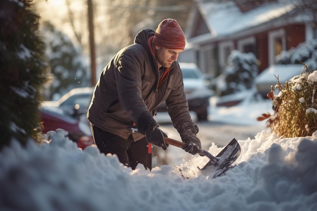 ein Mann schaufelt Schnee vor seinem Haus in der Wintersaison