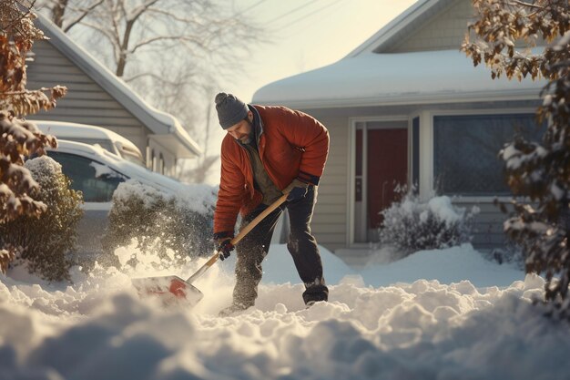 ein Mann schaufelt Schnee vor seinem Haus in der Wintersaison