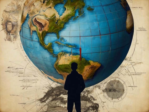 Foto ein mann schaut auf einen globus, auf dem eine karte der welt steht