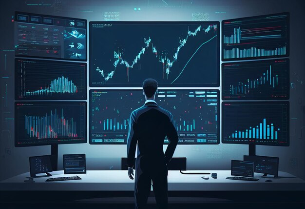 Ein Mann schaut auf einen Monitor mit KI-generierten Grafiken und Diagrammen