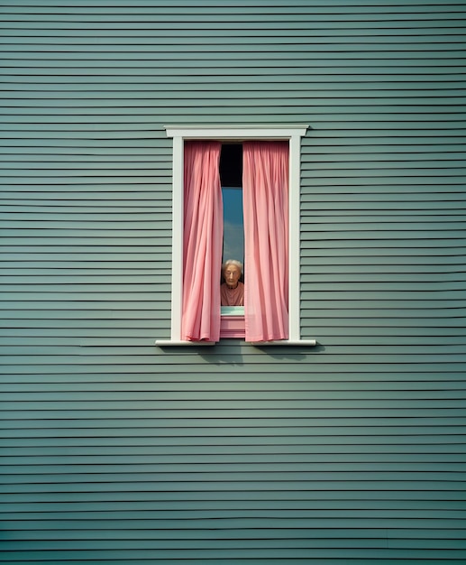 ein Mann schaut aus einem Fenster mit einem rosa Vorhang